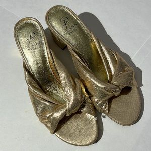Adrianna Papell leather metallic slides sz 8 Anthropologie heels shoes pink gold